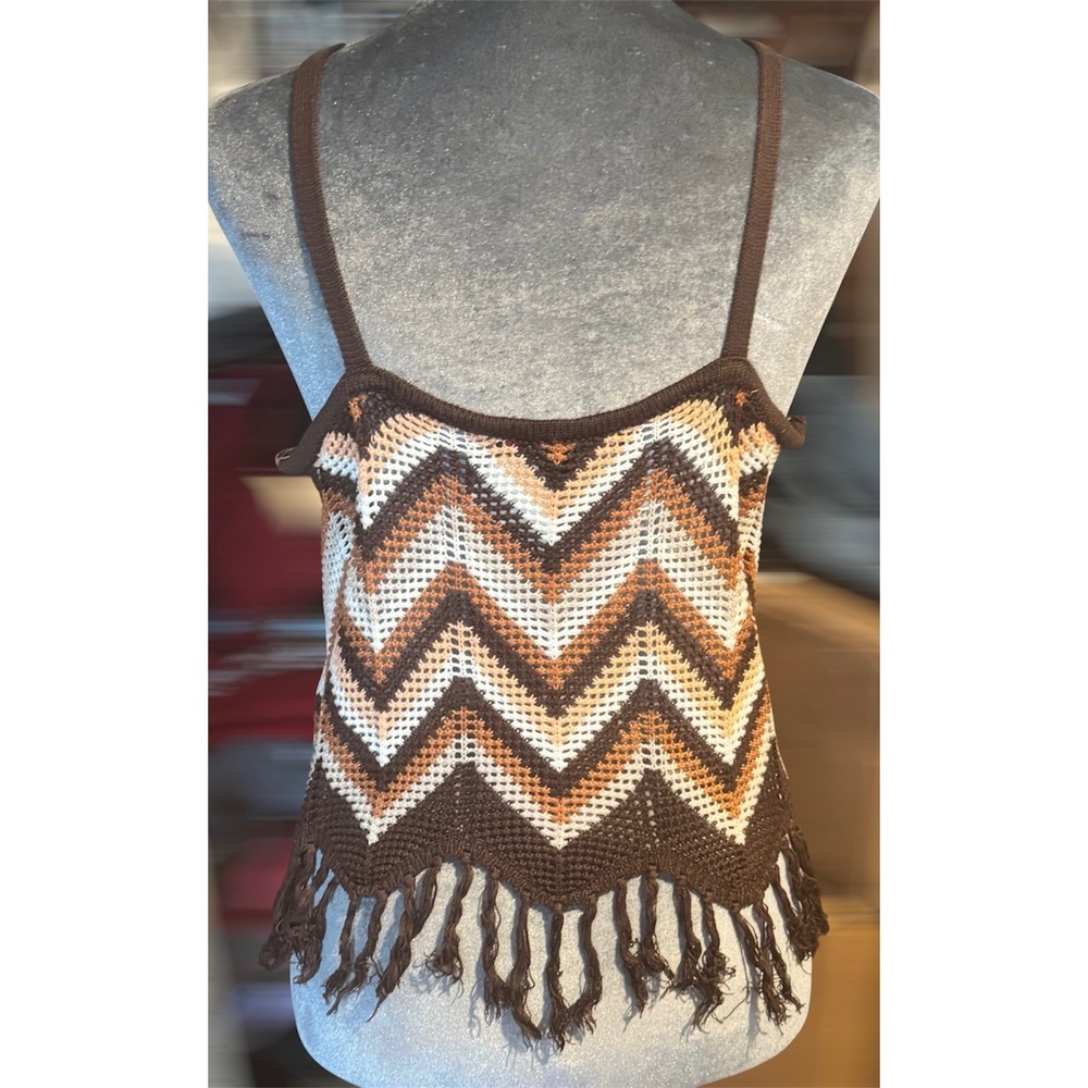 Y2K Chevron Crochet Fringe Crop Top Boho Festival Cami XL - Picture 3 of 5